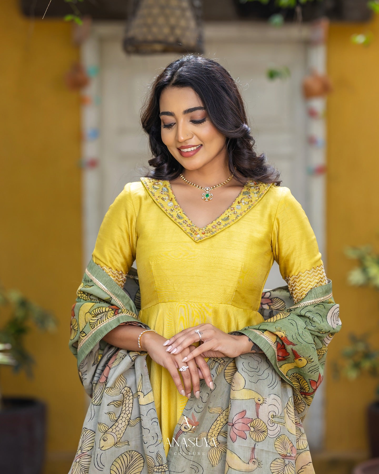 Mustard Yellow Anarkali with Hand-Painted Kalamkari Dupatta