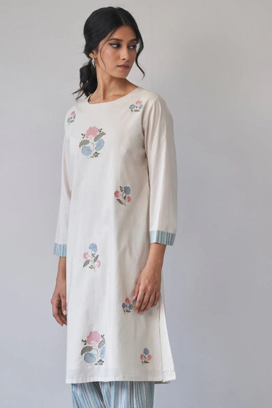 Embroidered Straight Kurta Set with Striped Pants