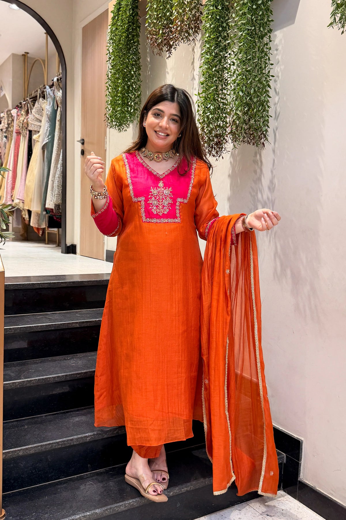 Orange & Rani Pink Embroidered Suit Set
