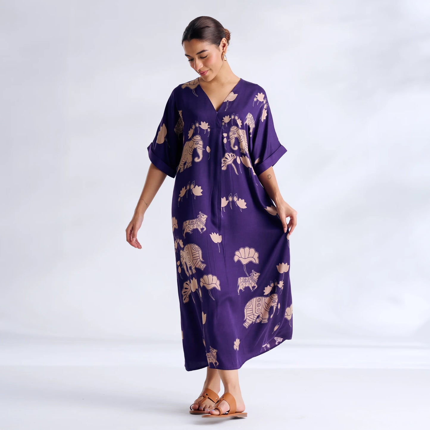 Purple Printed Kaftan Midi Dress