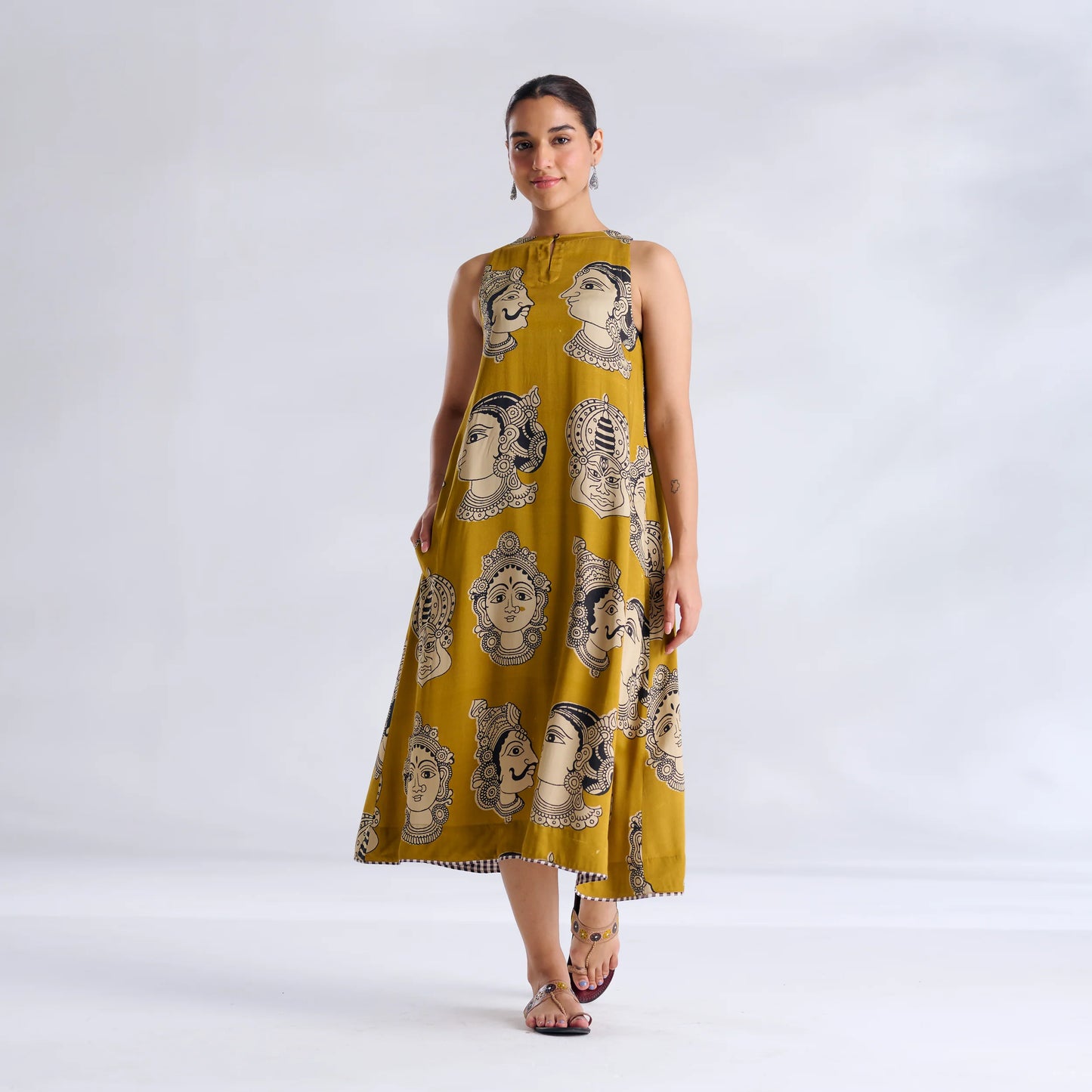 Mustard Printed A-Line Midi Dress-