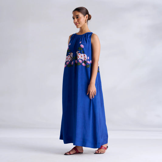 Blue Printed Sleeveless Maxi Dress