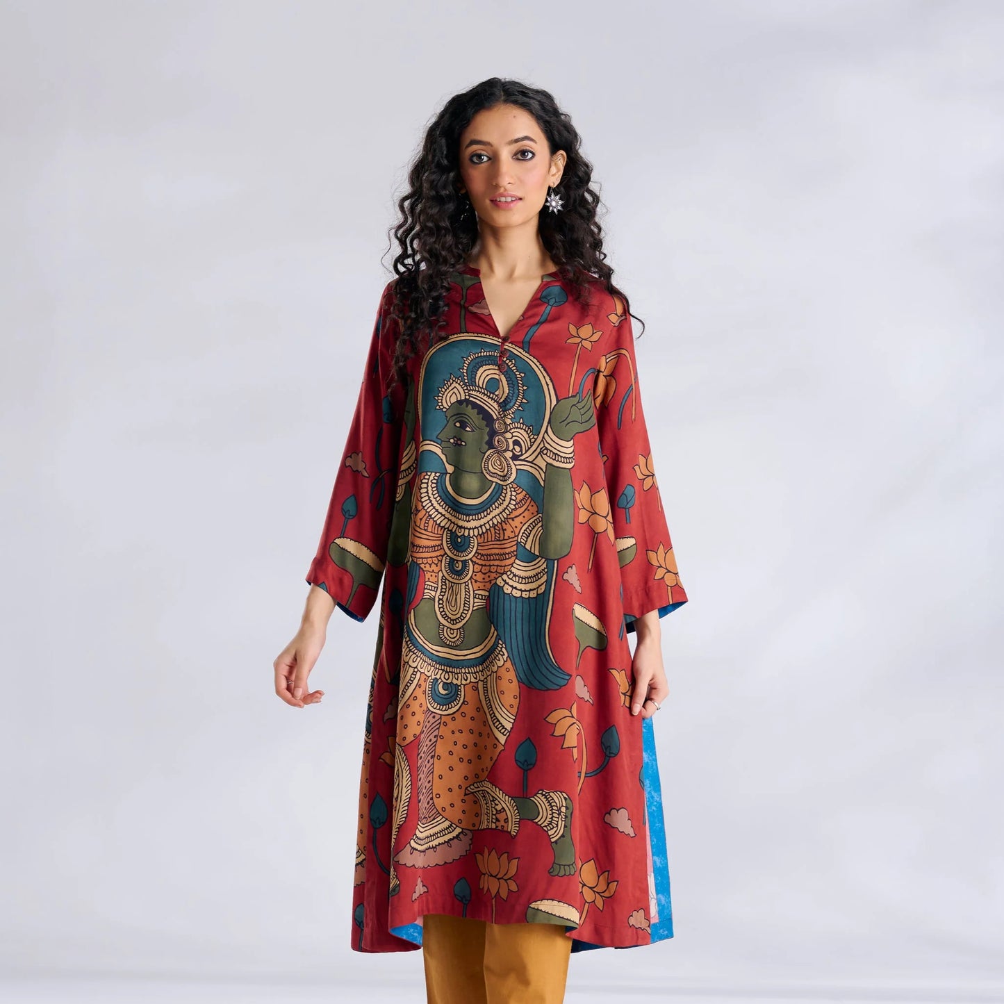 Red Printed Kurta with Mustard Pants Set