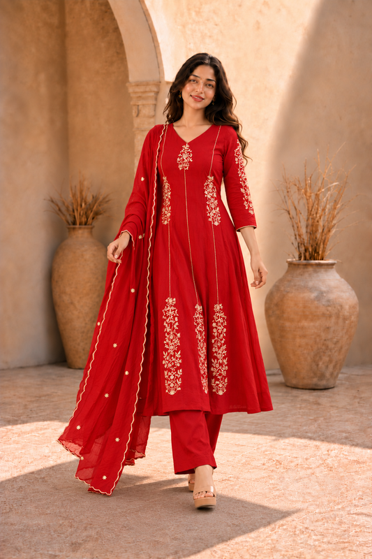 Red Embroidered Anarkali Kurta Set with Dupatta