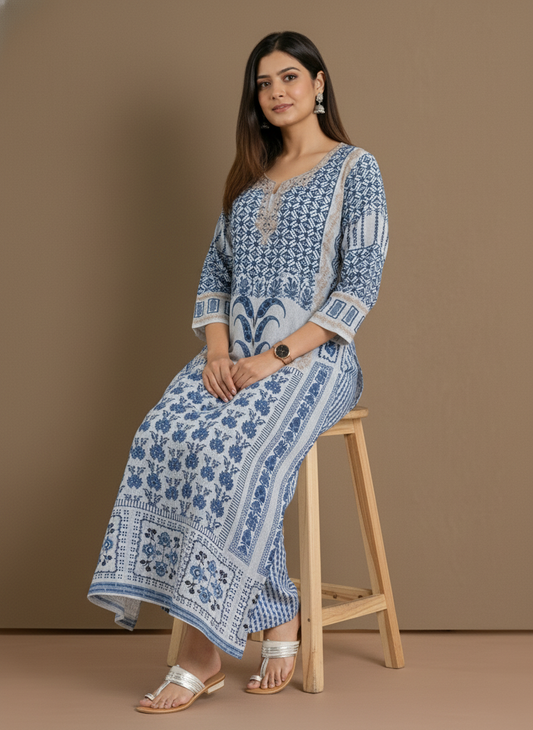 Blue & Ivory Print Straight Kurta Set