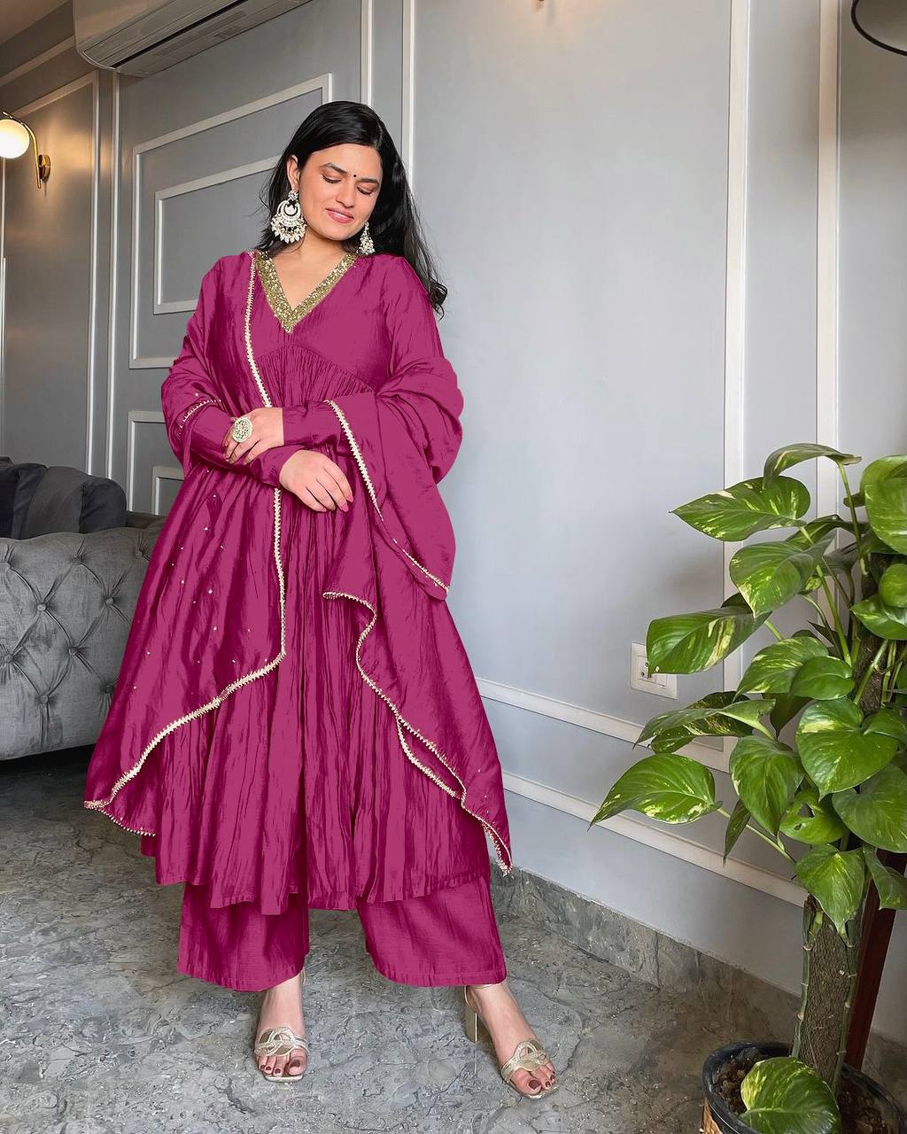 Plum Purple Crushed Silk Angrakha