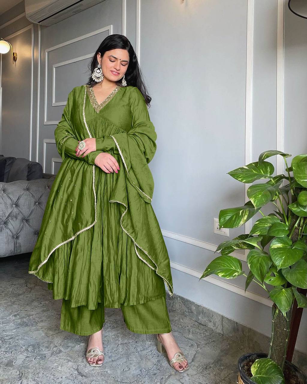Olive Green Crushed Silk Angrakha