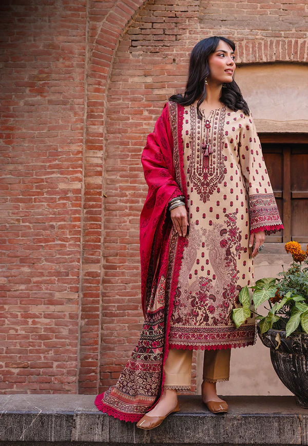 Beige & Maroon Embroidered 3-Piece Suit