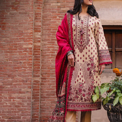 Beige & Maroon Embroidered 3-Piece Suit