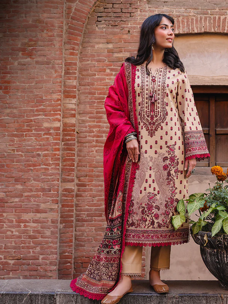 Beige & Maroon Embroidered 3-Piece Suit