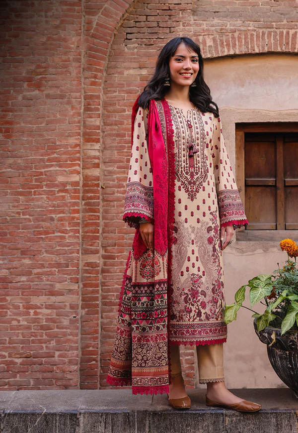 Beige & Maroon Embroidered 3-Piece Suit