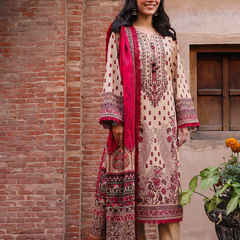 Beige & Maroon Embroidered 3-Piece Suit