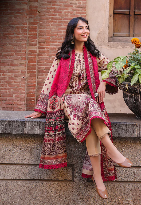 Beige & Maroon Embroidered 3-Piece Suit