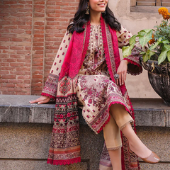 Beige & Maroon Embroidered 3-Piece Suit