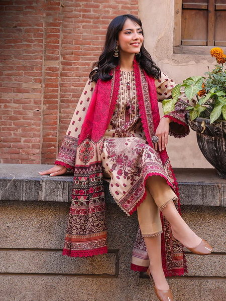 Beige & Maroon Embroidered 3-Piece Suit