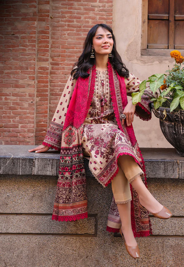 Beige & Maroon Embroidered 3-Piece Suit