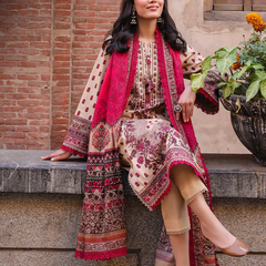 Beige & Maroon Embroidered 3-Piece Suit