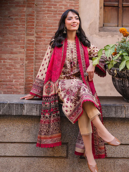 Beige & Maroon Embroidered 3-Piece Suit
