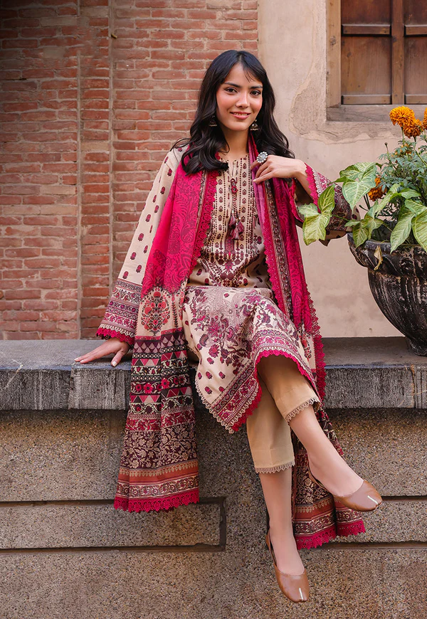 Beige & Maroon Embroidered 3-Piece Suit