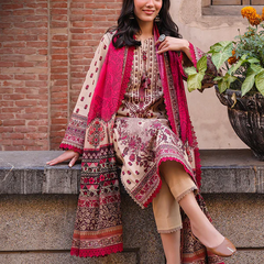 Beige & Maroon Embroidered 3-Piece Suit