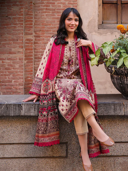 Beige & Maroon Embroidered 3-Piece Suit