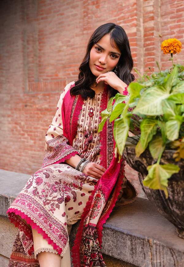 Beige & Maroon Embroidered 3-Piece Suit