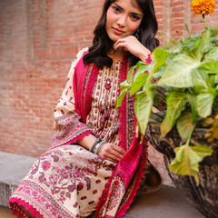 Beige & Maroon Embroidered 3-Piece Suit