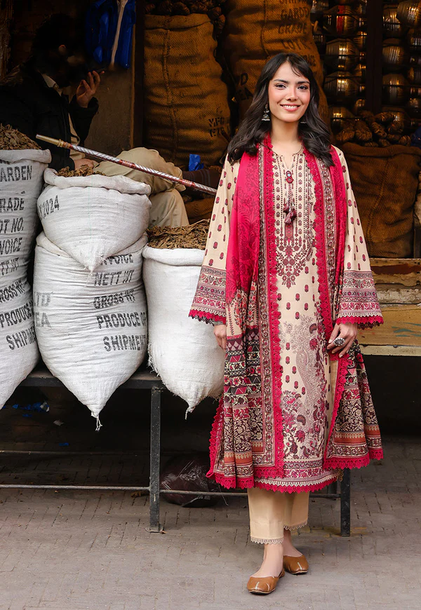 Beige & Maroon Embroidered 3-Piece Suit