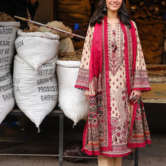 Beige & Maroon Embroidered 3-Piece Suit