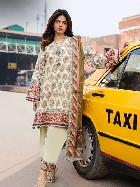 Ivory & Maroon Printed Lawn Suit