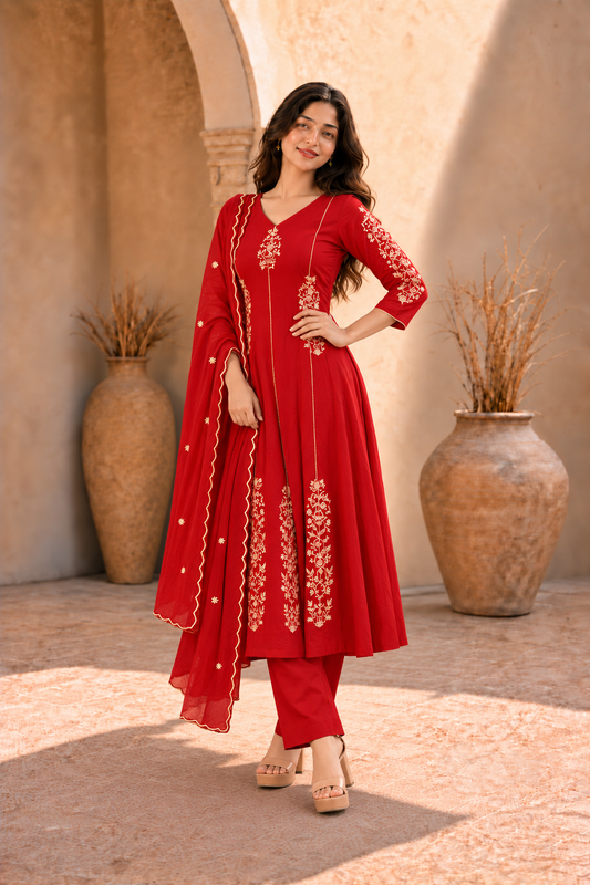 Red Embroidered Anarkali Kurta Set with Dupatta