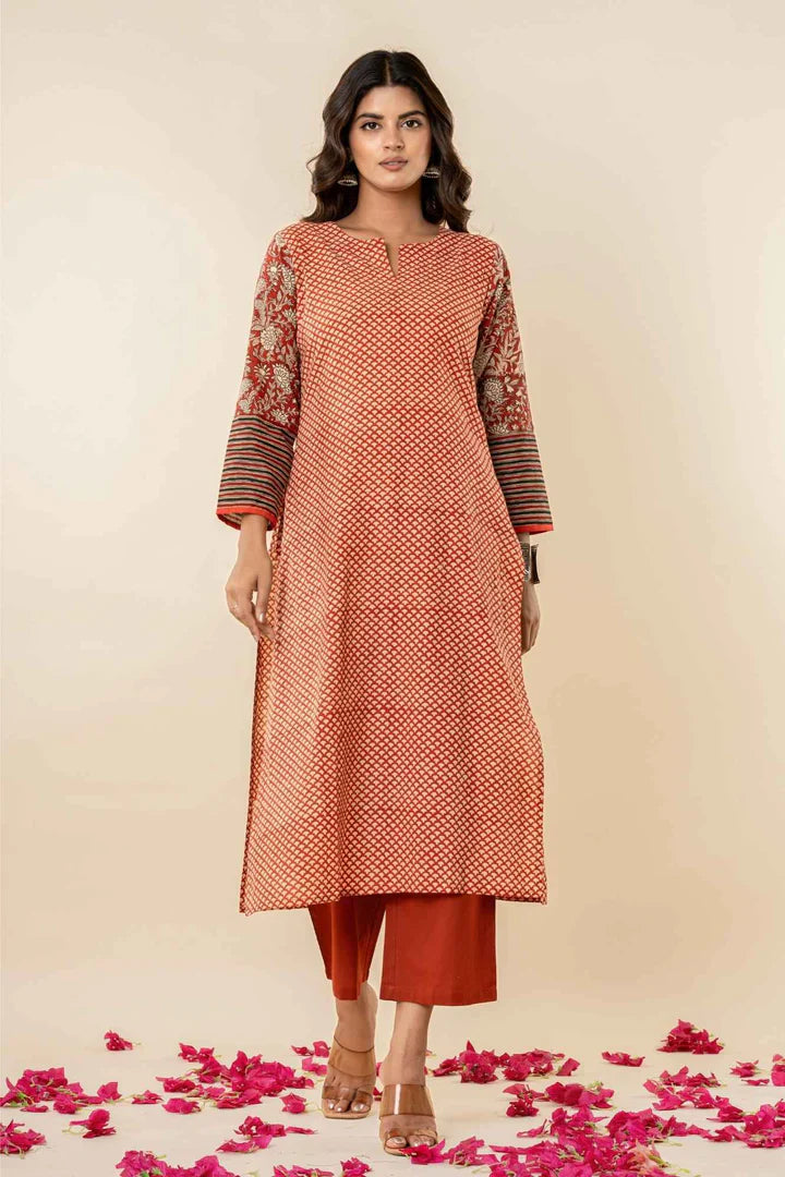 Women’s Printed Straight Kurta with Pants – Rust Orange