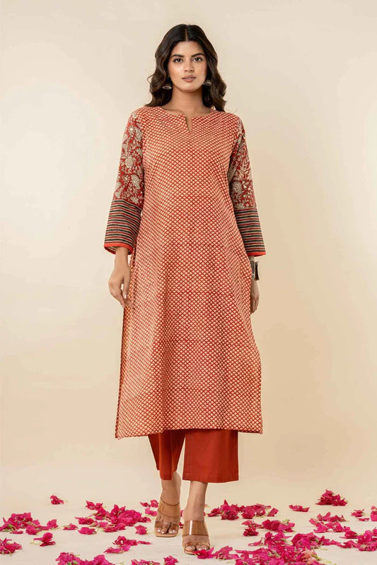 Women’s Printed Straight Kurta with Pants – Rust Orange