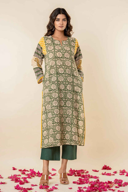 Women’s Printed Straight Kurta with Pants – Green & Mustard
