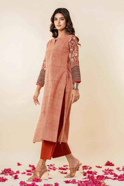 Women’s Printed Straight Kurta with Pants – Rust Orange