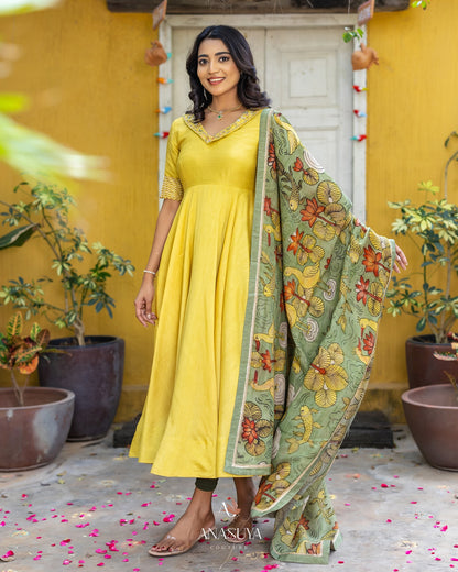 Mustard Yellow Anarkali with Hand-Painted Kalamkari Dupatta