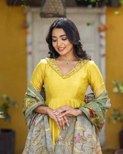 Mustard Yellow Anarkali with Hand-Painted Kalamkari Dupatta