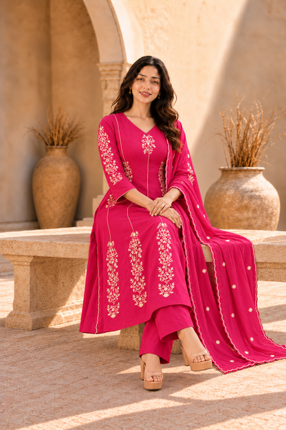 Rani Pink Embroidered Anarkali KuArta Set with Dupatta