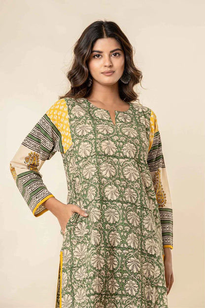 Women’s Printed Straight Kurta with Pants – Green & Mustard