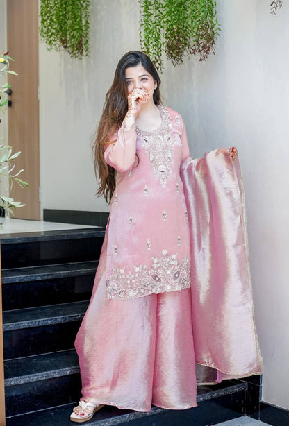 Blush Pink Embroidered Kurta Sharara Set with Dupatta