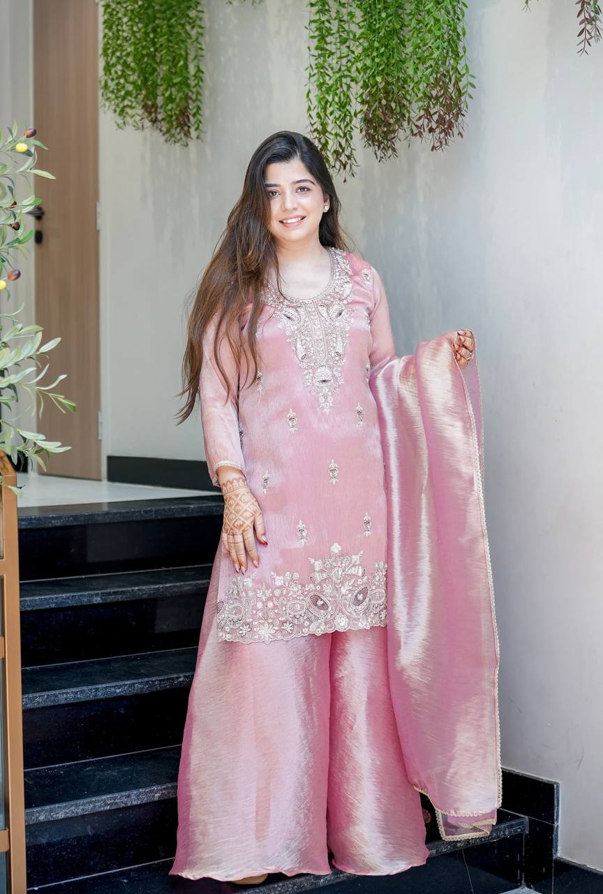 Blush Pink Embroidered Kurta Sharara Set with Dupatta
