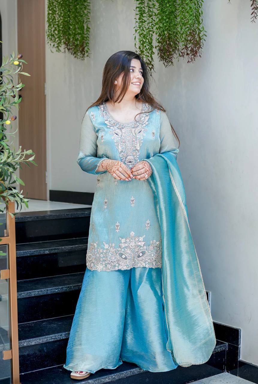 Aqua Blue Embroidered Kurta Sharara Set with Dupatta