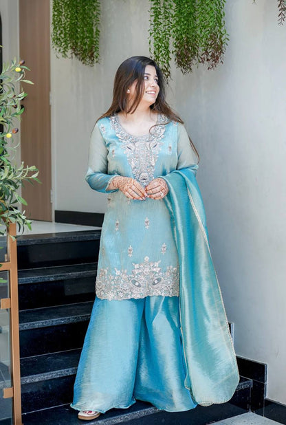 Aqua Blue Embroidered Kurta Sharara Set with Dupatta