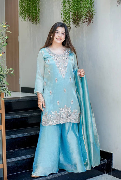 Aqua Blue Embroidered Kurta Sharara Set with Dupatta