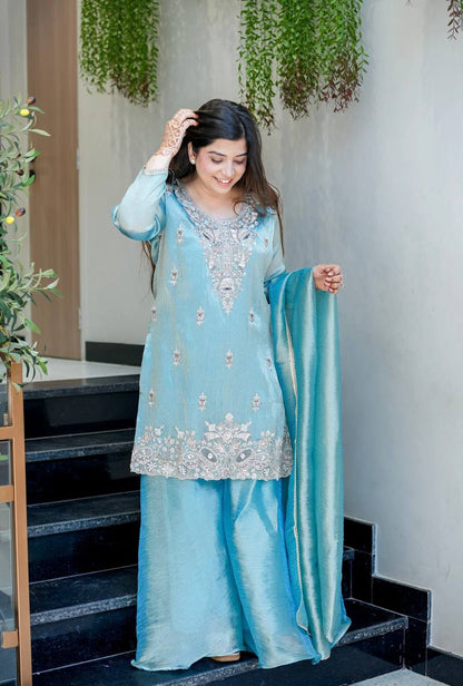 Aqua Blue Embroidered Kurta Sharara Set with Dupatta