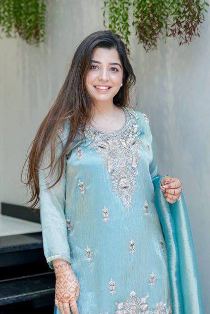 Aqua Blue Embroidered Kurta Sharara Set with Dupatta