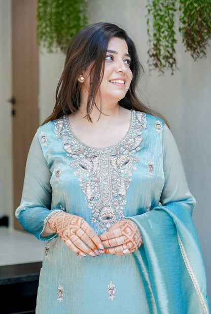 Aqua Blue Embroidered Kurta Sharara Set with Dupatta