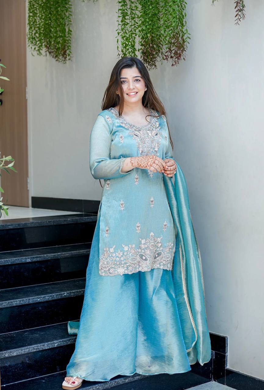 Aqua Blue Embroidered Kurta Sharara Set with Dupatta