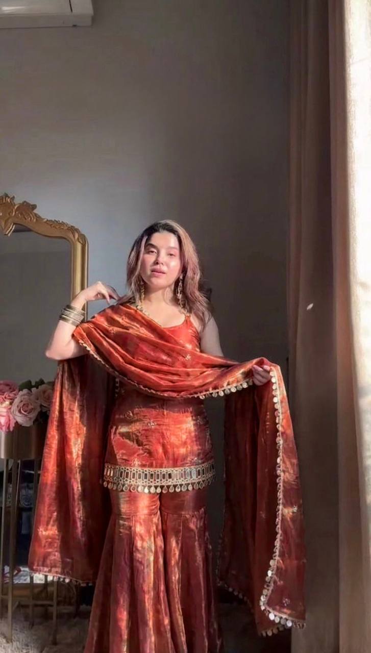 Rust Orange Festive Kurti Palazzo Set with Dupatta