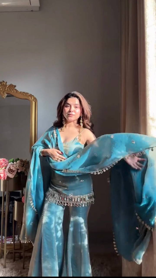 Aqua Blue Festive Kurti Palazzo Set with Dupatta